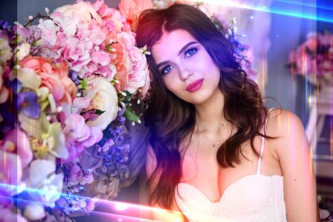 Menyasszonyi fotó retusálás 10 - Retusált és presetek-kel alakított, félalakos női fotó portré virágokkal az előtérben.