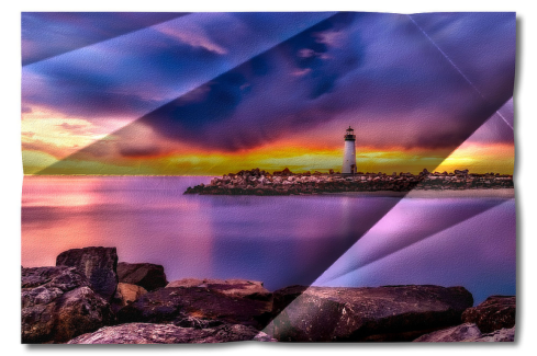 Gyűrt hatás 01 - Tengeri öbölben egy világítótorony az esti naplementében különféle hajtott és gyűrt effektel.