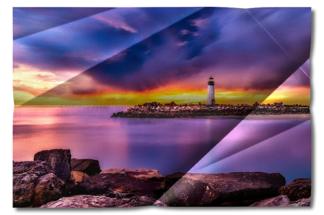 Gyűrt hatás 01 - Tengeri öbölben egy világítótorony az esti naplementében különféle hajtott és gyűrt effektel.