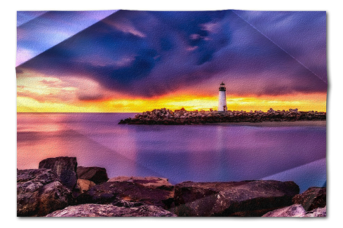 Gyűrt hatás 20 - Tengeri öbölben egy világítótorony az esti naplementében különféle hajtott és gyűrt effektel.