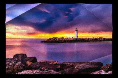 Gyűrt hatás 22 - Tengeri öbölben egy világítótorony az esti naplementében különféle hajtott és gyűrt effektel.