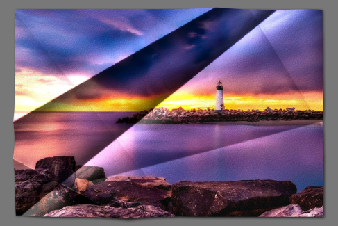 Gyűrt hatás 08 - Tengeri öbölben egy világítótorony az esti naplementében különféle hajtott és gyűrt effektel.