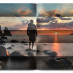 Hajtogatott kép 03 - Naplementés tengerparton egy férfi áll egy tengerből kiemelkedő alacsony sziklán.