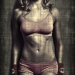 Női portré retusálás 02 - Retusált és presetek-kel alakított háromnegyedes női fotó portré fitnesz ruhában.