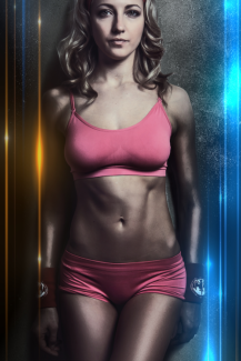 Női portré retusálás 15 - Retusált és presetek-kel alakított, háromnegyedes női fotó portré fitnesz ruhában.